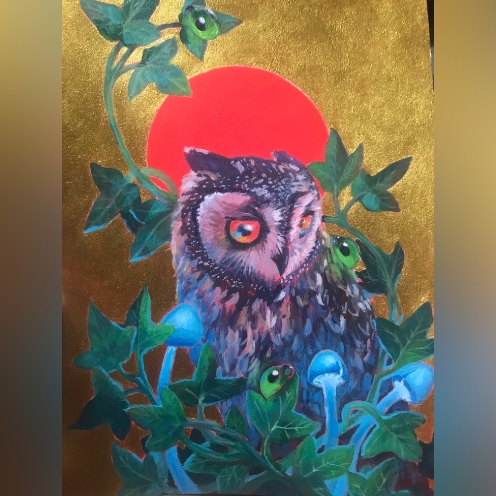 Original painting Owl mushrooms ladybug Art Red Moon gold surreal Artettina